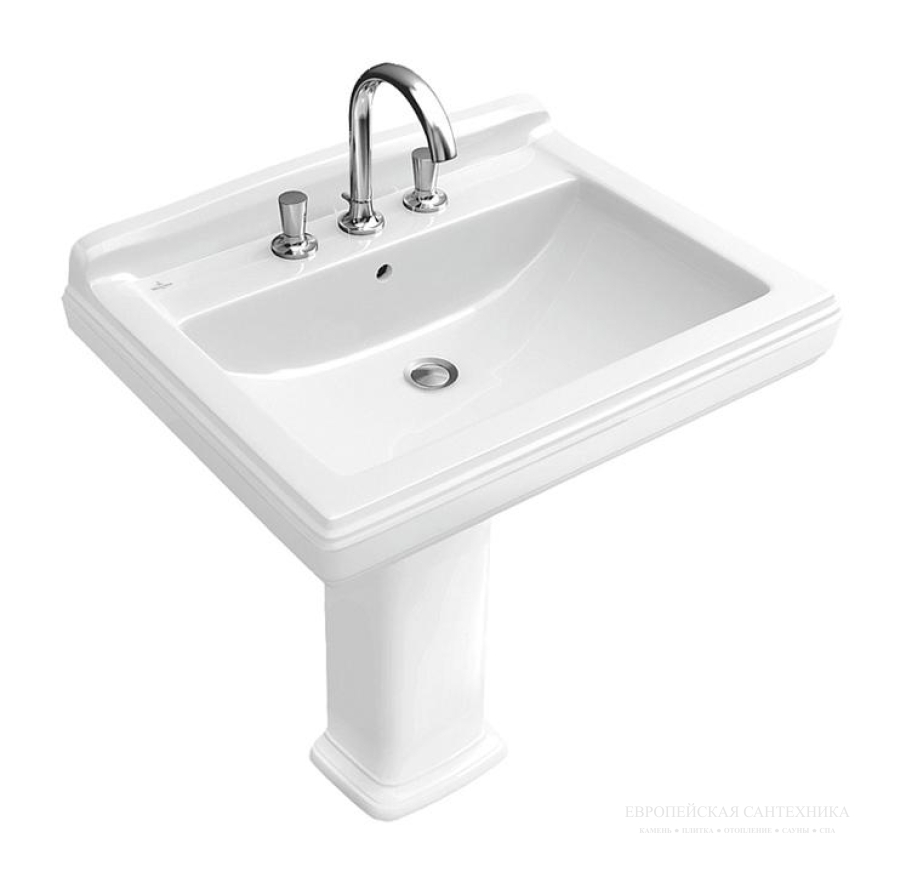 Раковина Villeroy&Boch Hommage 750x580 см. прямоугольная, с пьедесталом, с 1-м отверстием для смесителя, цвет Альп. белый CeramicPlus. - изображение 5