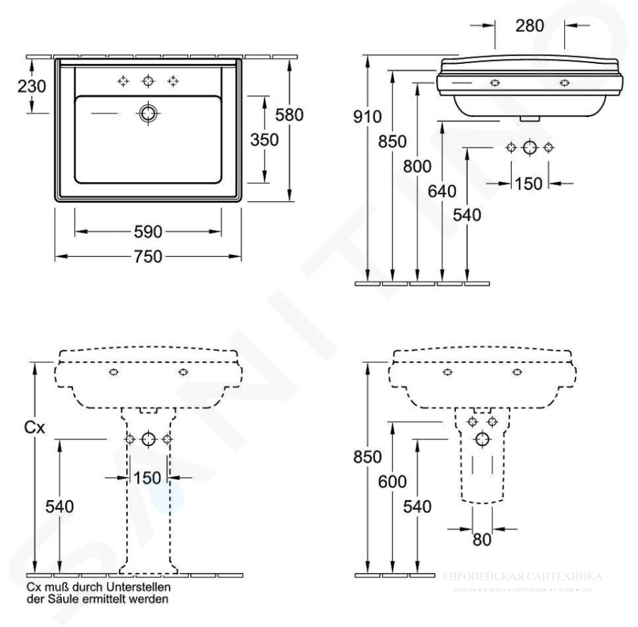 Раковина Villeroy&Boch Hommage 750x580 см. прямоугольная, с пьедесталом, с 1-м отверстием для смесителя, цвет Альп. белый CeramicPlus. - изображение 6