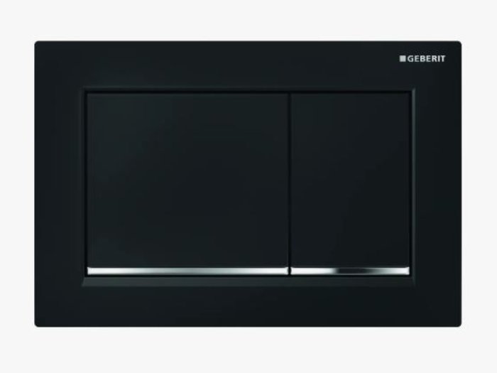 На изображении товар Панель двухклавишная Geberit Omega30 для унитаза, цвет чёрный хром от официального представителя в Москве