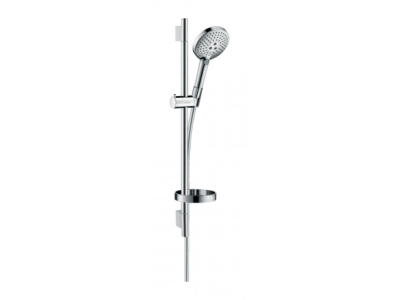 На изображении товар Душевой гарнитур Hansgrohe Raindance Select S, ручной душ, штанга Н.650 мм, 3 режима, мыльница Casetta, цвет хром от официального представителя в Москве