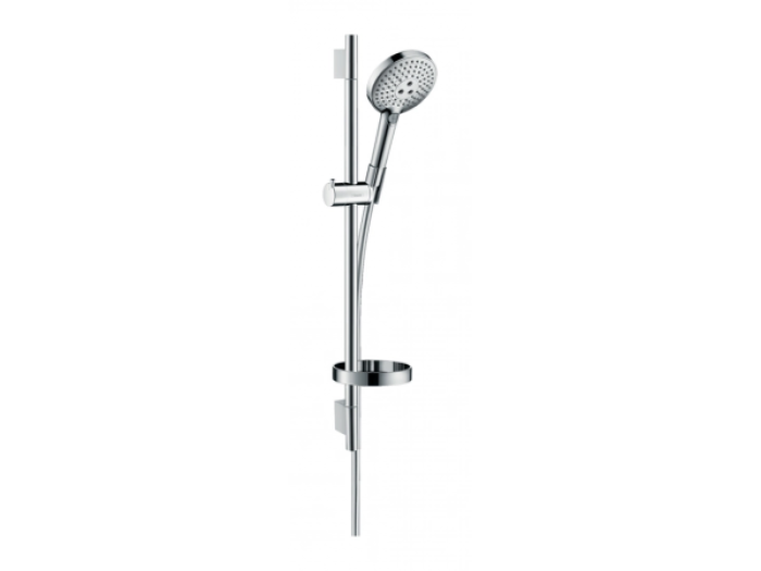На изображении товар Душевой гарнитур Hansgrohe Raindance Select S, ручной душ, штанга Н.650 мм, 3 режима, мыльница Casetta, цвет хром от официального представителя в Москве