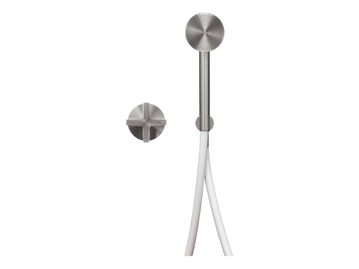 На изображении товар Ручной душ CeaDesign Cross, настенный, прогрессивный, шланг в цвете Black, внешняя часть, цвет сатинированная сталь от официального представителя в Москве