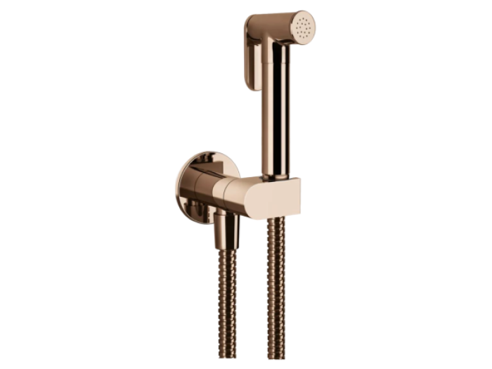На изображении товар Гигиенический душ Gessi Tondo, с предохранительным клапаном, с лейкой, шлангом, шланговым подсоединением и держателем лейки, ширина 75 мм, цвет Copper PVD от официального представителя в Москве