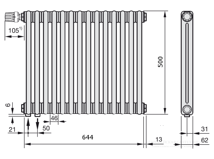 Радиатор отопления Zehnder Charleston 2-трубчатый 2050-14 секций 492x670x62 , нижнее подключение V002, белый Ral 9016 - изображение 2