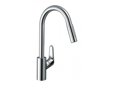 На изображении товар Смеситель для кухни Hansgrohe Focus M41, однорычажный, с выдвижным душем, цвет хром от официального представителя в Москве