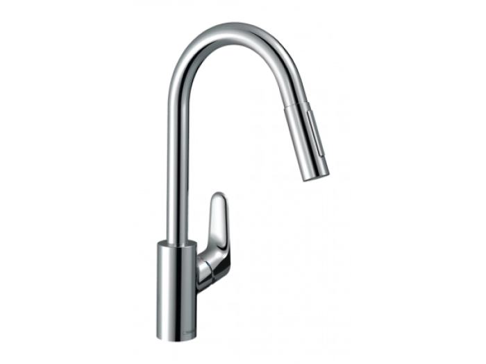 На изображении товар Смеситель для кухни Hansgrohe Focus M41, однорычажный, с выдвижным душем, цвет хром от официального представителя в Москве