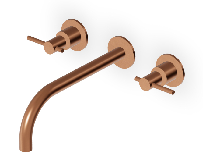 На изображении товар Смеситель для раковины Zucchetti Helm, настенный, на 3 отверстия, двухрычажный, внешняя часть, цвет Brushed Copper PVD от официального представителя в Москве