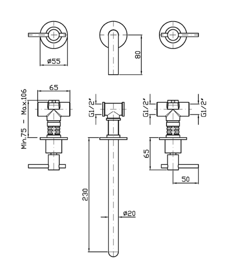 Смеситель для раковины Zucchetti Helm, настенный, на 3 отверстия, двухрычажный, внешняя часть, цвет Brushed Copper PVD - изображение 1