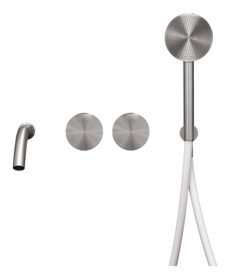 Смеситель для ванны CeaDesign Giotto, настенный, 2 прогрессивных смесителя, излив, ручной душ Ø80 мм, шланг в цвете Silk Grey, внешняя часть, цвет сатинированная сталь