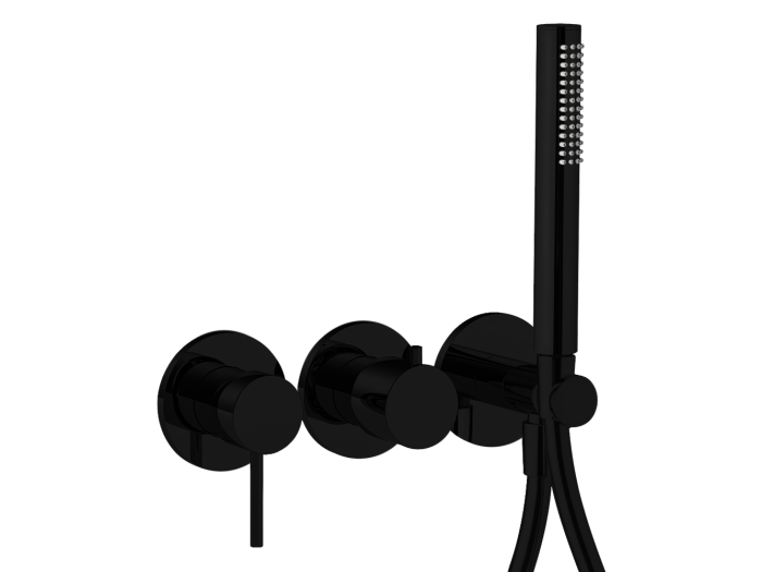 На изображении товар Cмеситель для душа Carlo Frattini Spillo Up на 2 источника с душевым комплектом, внешняя+скрытая части, цвет черный матовый от официального представителя в Москве