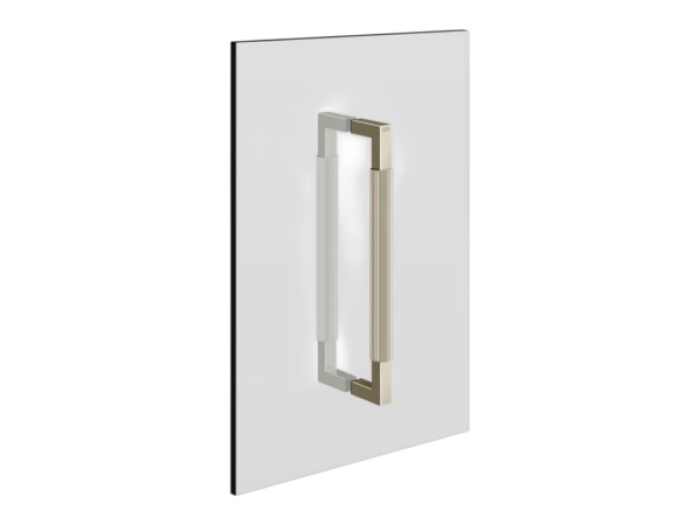 На изображении товар Ручка для душевой двери Gessi Rigato, двухсторонняя, вертикальная/горизонтальная установка, расстояние между монтажными отверстиями 300 мм, цвет Nickel PVD от официального представителя в Москве