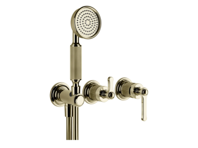 На изображении товар Смеситель Gessi Venti20, настенный, на 2 выхода с переключателем, выводом воды и держателем лейки, внешние части, цвет Brass PVD от официального представителя в Москве