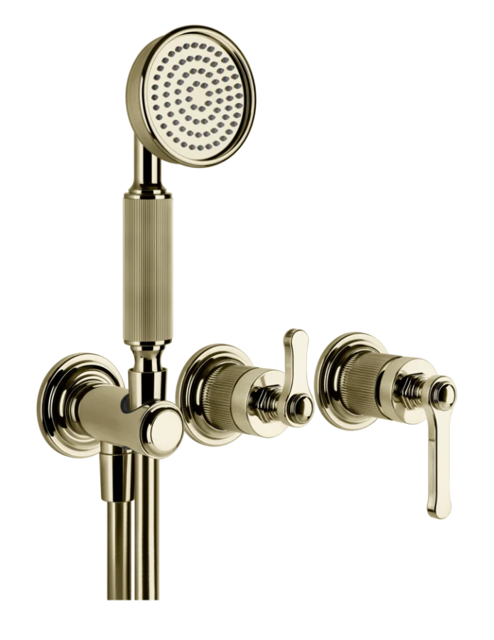 Смеситель Gessi Venti20, настенный, на 2 выхода с переключателем, выводом воды и держателем лейки, внешние части, цвет Brass PVD