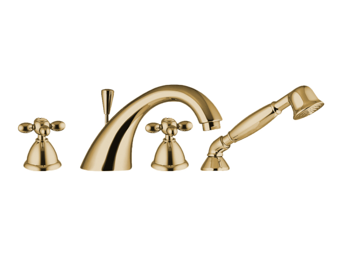 На изображении товар Cмеситель Carlo Frattini Olivia на борт ванны на 4 отверстия, с изливом, вытяжной ручной душ, цвет античная бронза от официального представителя в Москве