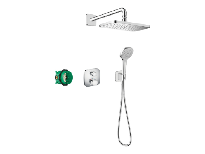 На изображении товар Душевой комплект Hansgrohe Croma E : термостат внешняя +скрытая часть часть 280 1jet с Ecostat E, верхний душ 280x170 мм, ручной душ, шланг 1250 мм, цвет хром глянец от официального представителя в Москве