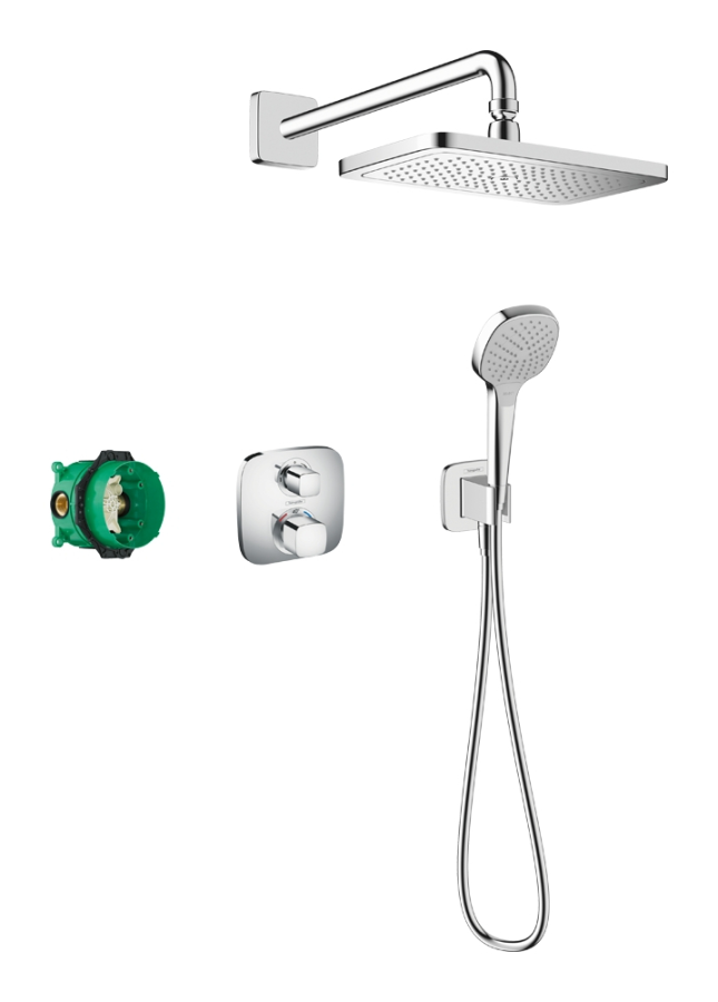 Душевой комплект Hansgrohe Croma E : термостат внешняя +скрытая часть часть 280 1jet с Ecostat E, верхний душ 280x170 мм, ручной душ, шланг 1250 мм, цвет хром глянец