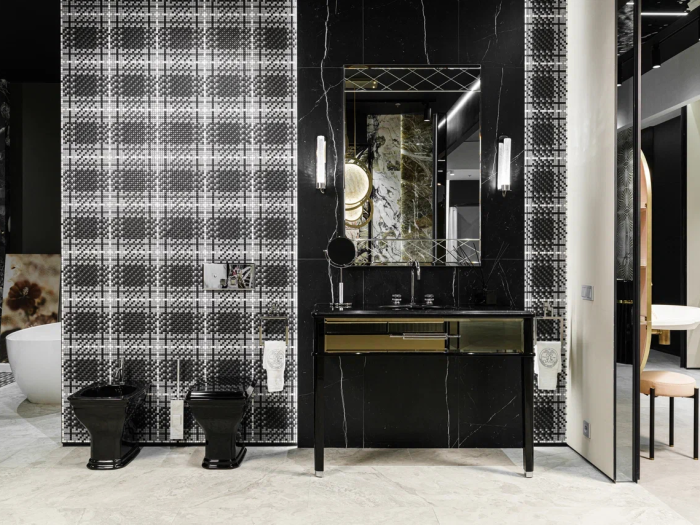 На изображении товар Консоль Oasis Riviere 1220х560х880 мм, корпус Lucido Nero, фасад Specchio Bronzato, отделка хром от официального представителя в Москве
