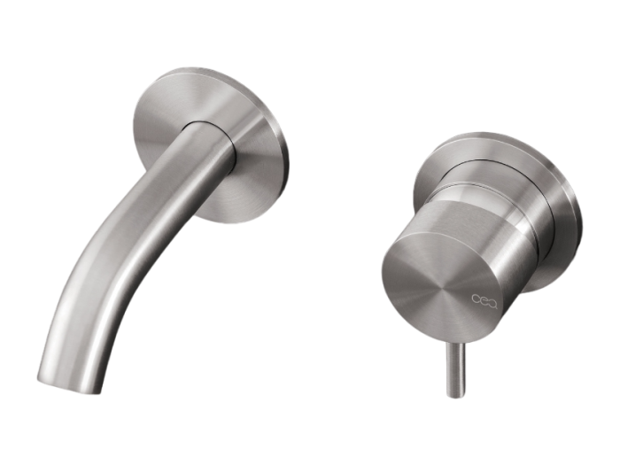 На изображении товар Смеситель для раковины CeaDesign Milo360, настенный, на 2 отверстия, излив L. 125 мм, внешняя часть, сталь, цвет сатинированная сталь от официального представителя в Москве