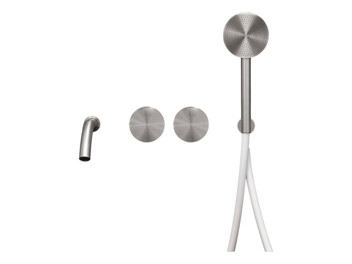 На изображении товар Смеситель CeaDesign Giotto для ванны: 2 смесителя, настенный, встраиваемый, излив L. 170 мм, ручной душ 80 мм, шланг Quartz Grey, внешняя часть, цвет бронза сатинированная от официального представителя в Москве