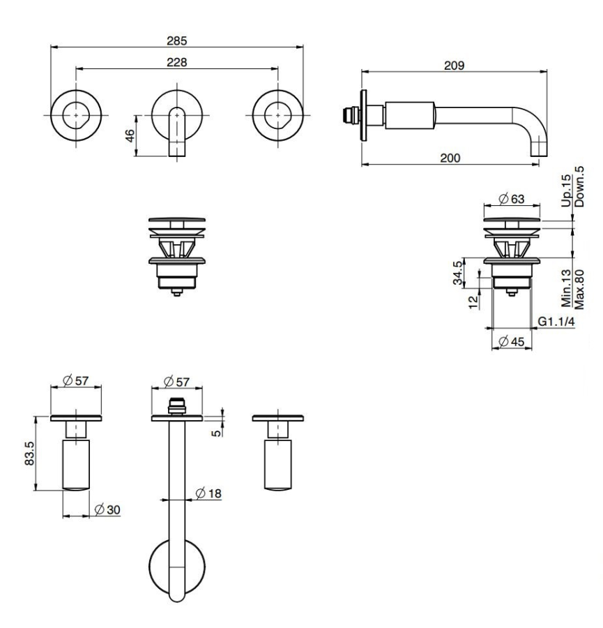 Смеситель для раковины Carlo Frattini SO, настенный, без ручек, с донным клапаном Click-Clack, излив 200 мм, внешняя часть, цвет чёрный матовый - изображение 3