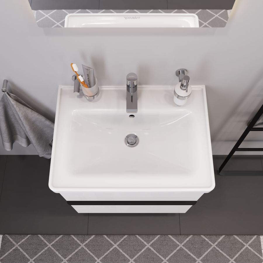 Раковина Duravit D-Neo, подвесная, 650x480 мм, с переливом, 1 отверстие под смеситель, цвет белый - изображение 4