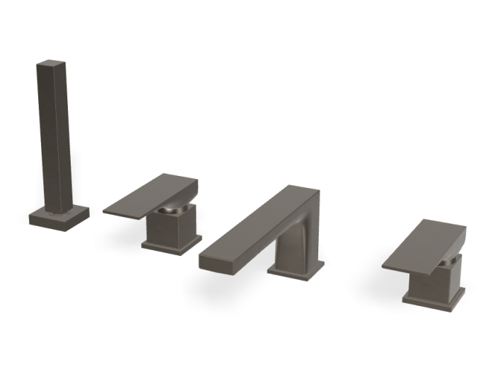 На изображении товар Смеситель для ванны Carlo Frattini Zeta, на борт, на 4 отверстия, двухрычажный, с изливом, вытяжным ручным душем, цвет брашированный чёрный хром от официального представителя в Москве