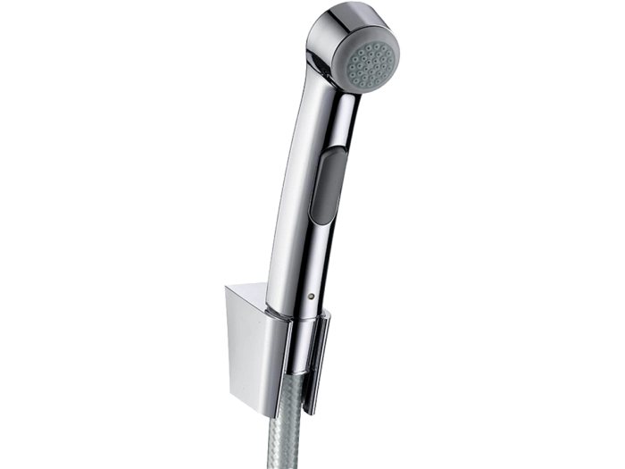 На изображении товар Гигиенический душ Hansgrohe, для биде, комплект с шлангом 1,60 м и держателем, цвет хром от официального представителя в Москве