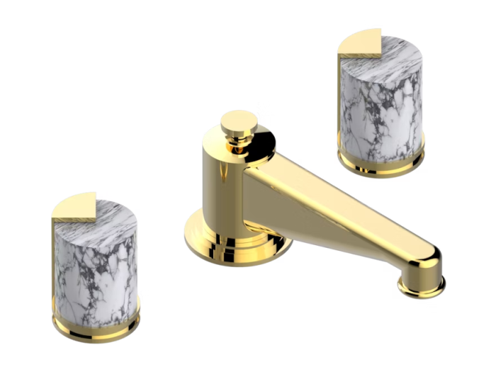 На изображении товар Смеситель для раковины THG Le 9 Howlite, на 3 отверстия, для мраморной столешницы, донный клапан, цвет Gold PVD от официального представителя в Москве
