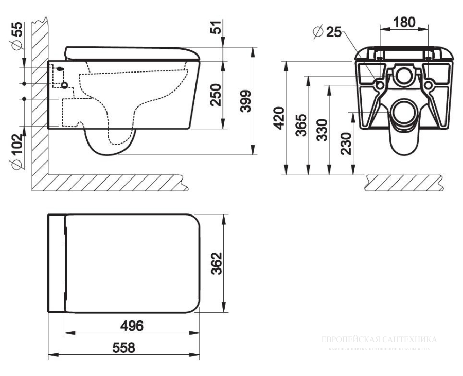 Унитаз Gessi Rettangolо, подвесной, с встроенным сифоном и сиденьем, 558хh399х362 мм, цвет White Europe Ceramic - изображение 2