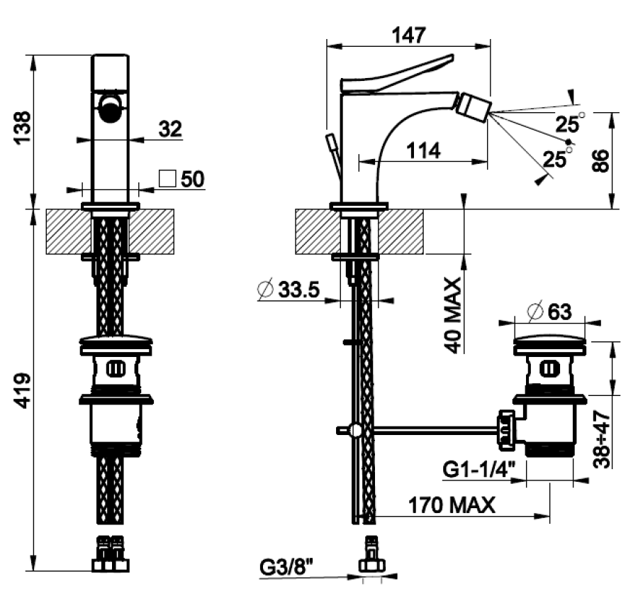 Смеситель для биде Gessi Rilievo, 50x147 мм, однорычажный, с донным клапаном, цвет Black Metal Brushed PVD - изображение 1