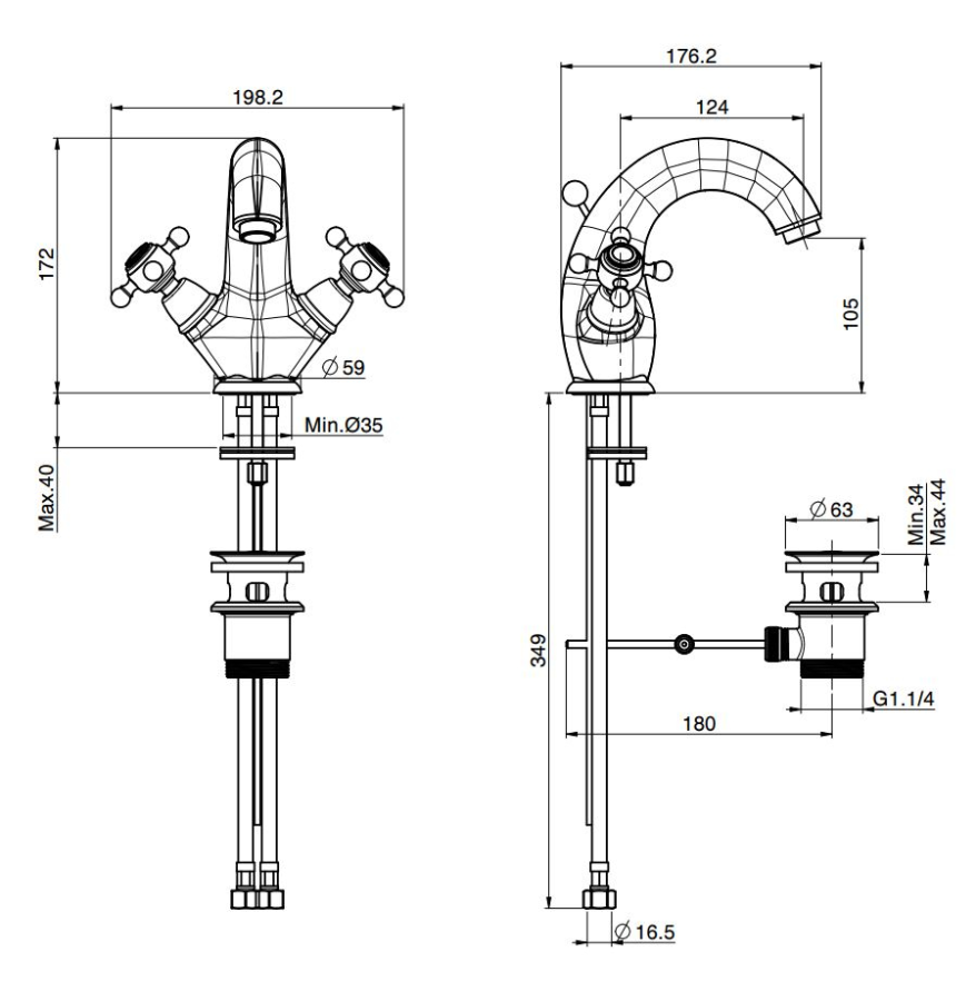 Смеситель для раковины Carlo Frattini Elizabeth/Epoque, с донным клапаном Click-Clack с переливом, 2 гибкими шлангами, цвет золото брашированное - изображение 1