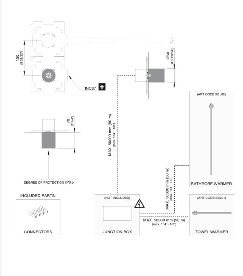 Полотенцесушитель CEA Design Equilibrio, электрический, настенный, 3хL-1060 мм, кнопка вкл., цвет сатинированная нержавеющая сталь - изображение 3