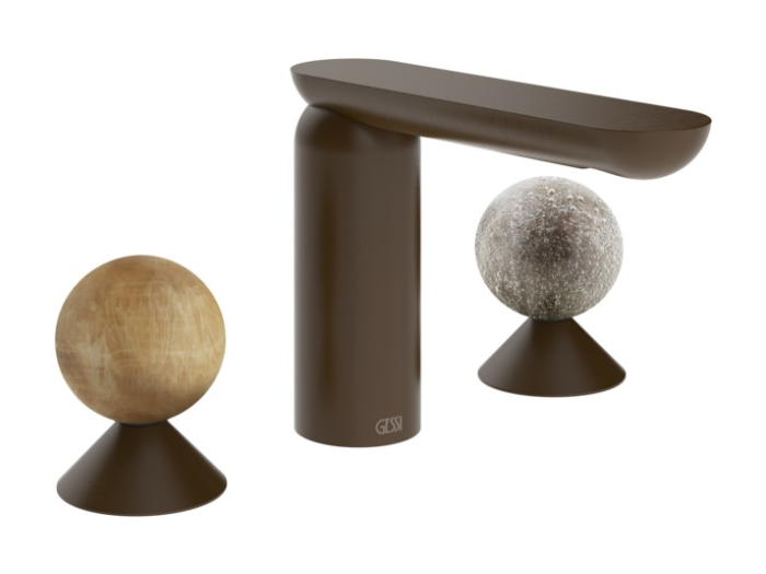 На изображении товар Смеситель для раковины Gessi Perle без донного клапана, с вентилями-сферами из камня Onyx Cola и муранского стекла Pulegoso Dark Bronze от официального представителя в Москве