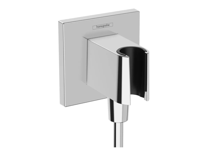 На изображении товар Шланговое подсоединение Hansgrohe Fixfit Porter E, со встроенным держателем лейки, с клапаном обратного тока воды, цвет хром от официального представителя в Москве