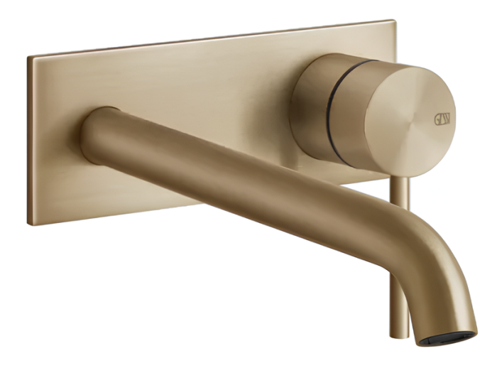 На изображении товар Смеситель для раковины Gessi316 Flessa с декоративной планкой, встраиваемый, с длинным изливом, внешняя часть, цвет Warm Bronze Brushed PVD от официального представителя в Москве