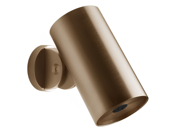 На изображении товар Верхний душ Gessi Spotwater, настенный, поворотный, функция тумана, Ø79 мм, цвет Warm Bronze Brushed PVD от официального представителя в Москве
