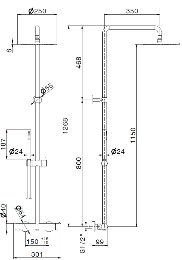 Душевая система Newform, термостат, переключатель, стойка с верхним Ø250 мм и ручным душем, цвет Matt black - изображение 1