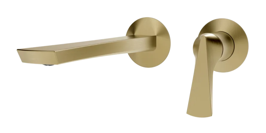 Смеситель для раковины Gessi Ventaglio, настенный, однорычажный, на 2 отверстия, излив 210 мм, встраиваемый, внешняя часть, цвет Brushed Brass PVD