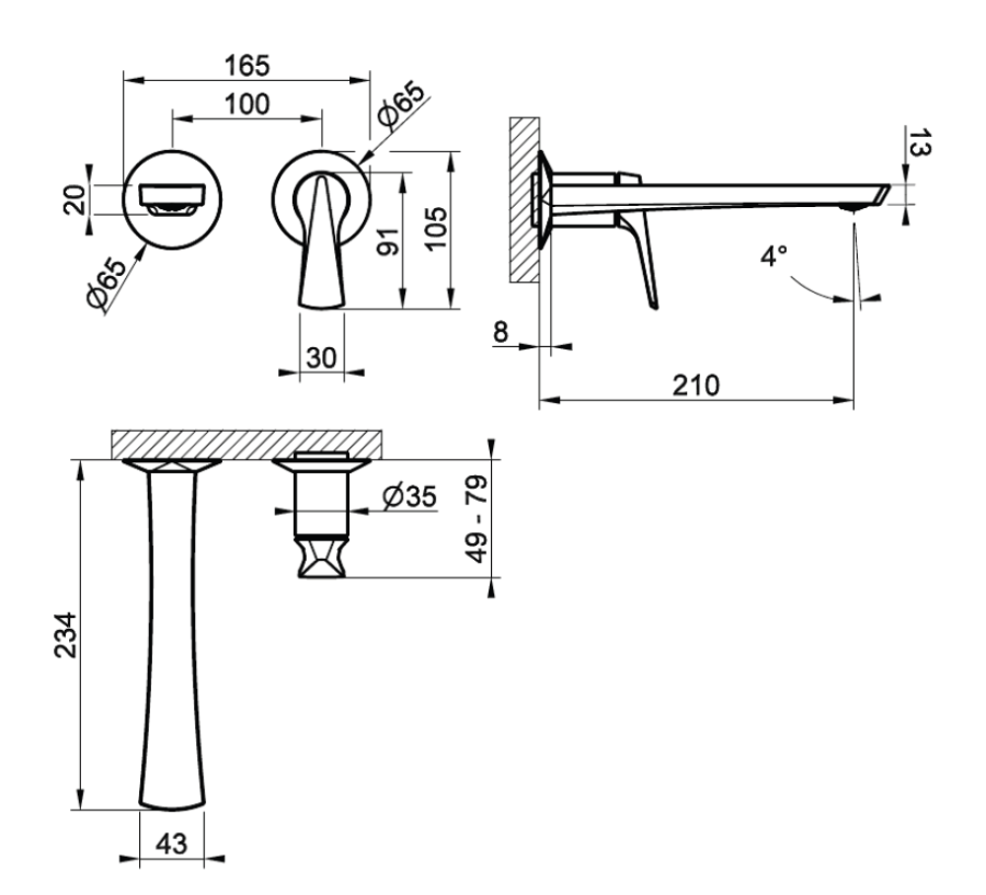 Смеситель для раковины Gessi Ventaglio, настенный, однорычажный, на 2 отверстия, излив 210 мм, встраиваемый, внешняя часть, цвет Brushed Brass PVD - изображение 3