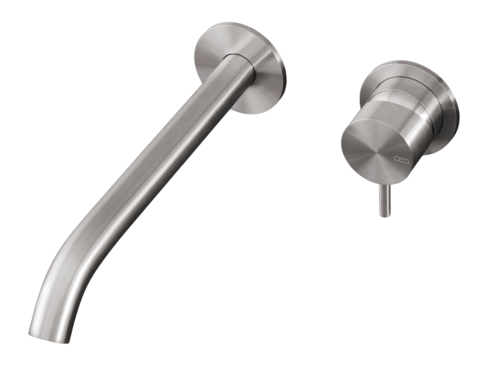 На изображении товар Смеситель для раковины CeaDesign Milo360, настенный, на 2 отверстия, излив L. 215 мм, внешняя часть, цвет сатинированная сталь от официального представителя в Москве