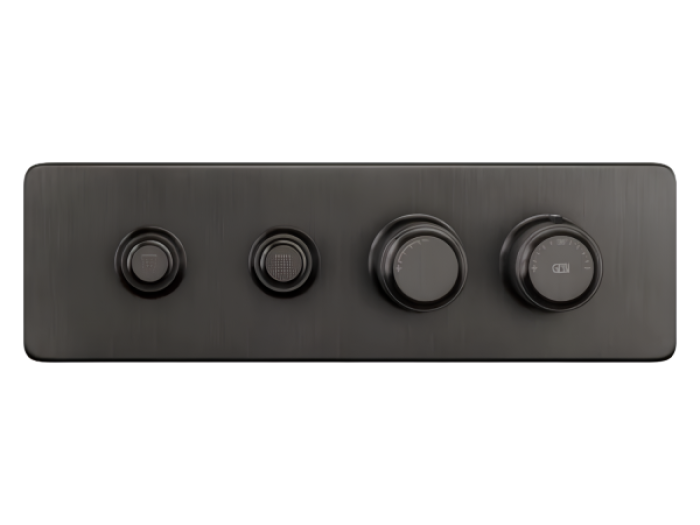 На изображении товар Термостат Gessi HI-FI Eclectic, встраиваемый, до 2 функций одновременно, с кнопками вкл/выкл, внешняя часть, ширина 400 мм, цвет Black Metal Brushed PVD от официального представителя в Москве