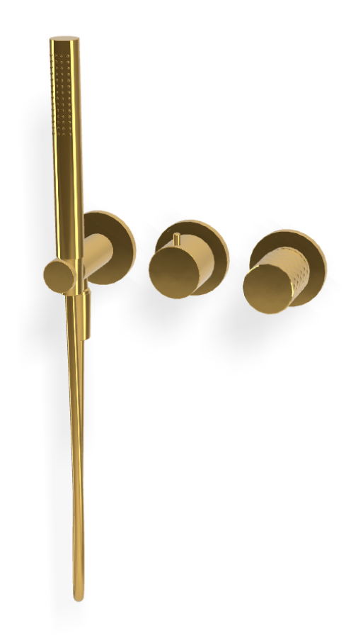 Смеситель для душа Carlo Frattini Spillo Tech, ручка X Collection, на 2 потребителя, с ручным душем, гибким шлангом хромалюкс 1500 мм, внешняя часть, цвет золото