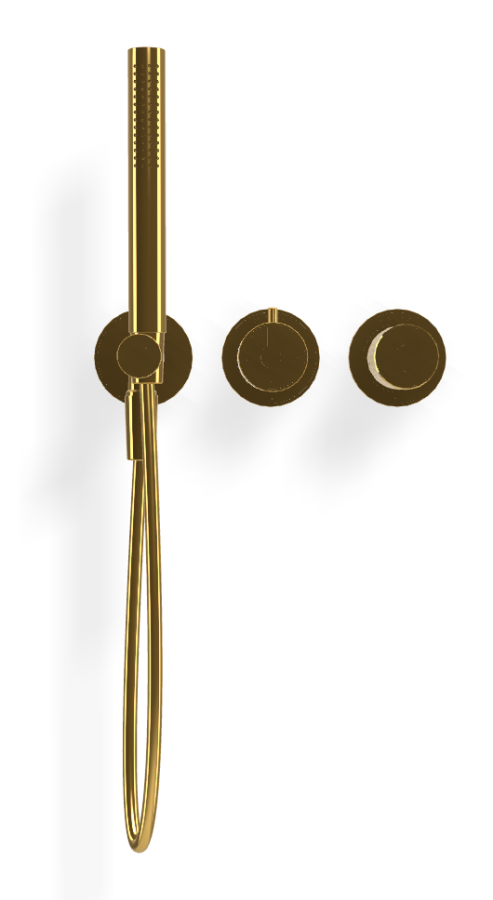 Смеситель для душа Carlo Frattini Spillo Tech, ручка X Collection, на 2 потребителя, с ручным душем, гибким шлангом хромалюкс 1500 мм, внешняя часть, цвет золото - изображение 1