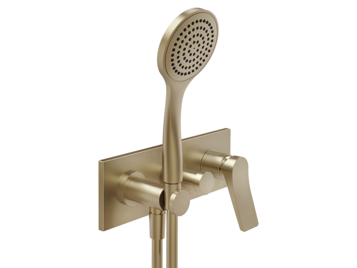 На изображении товар Смеситель для душа Gessi Rilievo, на 2 выхода с переключателем, подводом воды, держателем лейки, лейкой и шлангом, внешние части, цвет Warm Bronze Brushed PVD от официального представителя в Москве