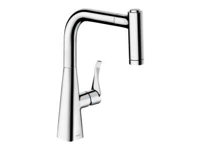 На изображении товар Смеситель для кухни Hansgrohe Metris 2jet, с выдвижным душем, цвет хром от официального представителя в Москве