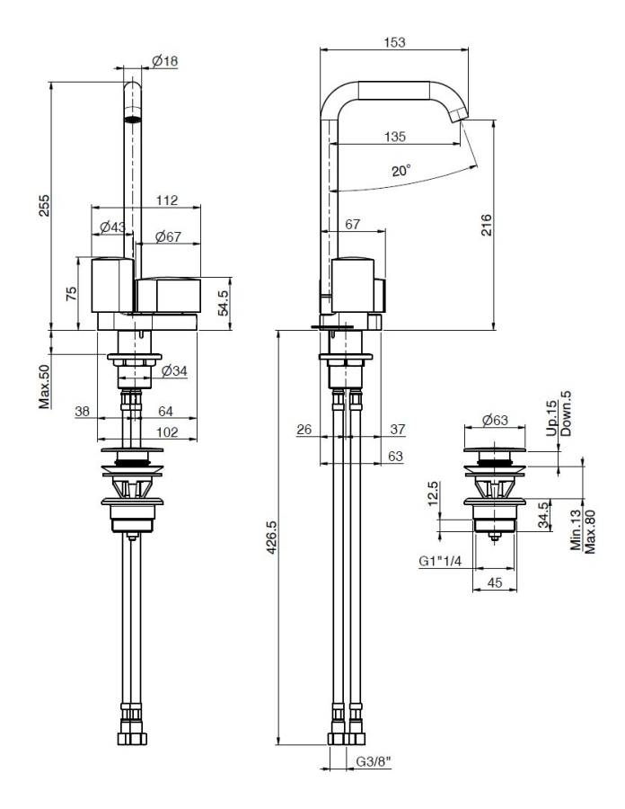 Смеситель для раковины Carlo Frattini SO, без ручек, c донным клапаном Click-Clack, вращающимся изливом Ø18 мм, 2 гибкими шлангами, L-153 мм, цвет хром - изображение 3