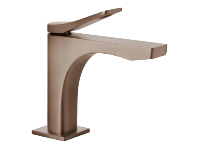 На изображении товар Смеситель для раковины Gessi Rilievo, без донного клапана, с соединительными шлангами, длина излива 166 мм, цвет Copper Brushed PVD от официального представителя в Москве