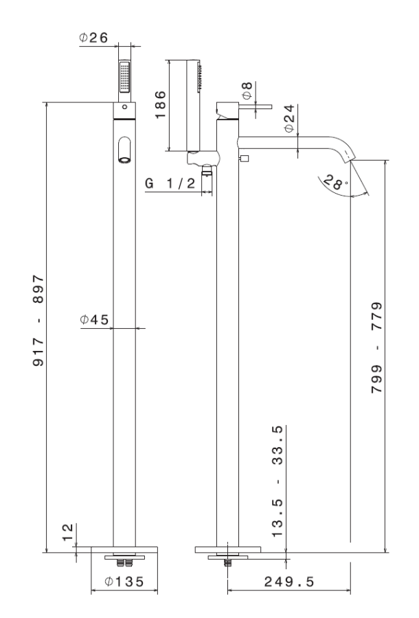 Смеситель для ванны Newform XT, напольный, с переключателем и ручным душем, внешняя часть, цвет хром - изображение 1