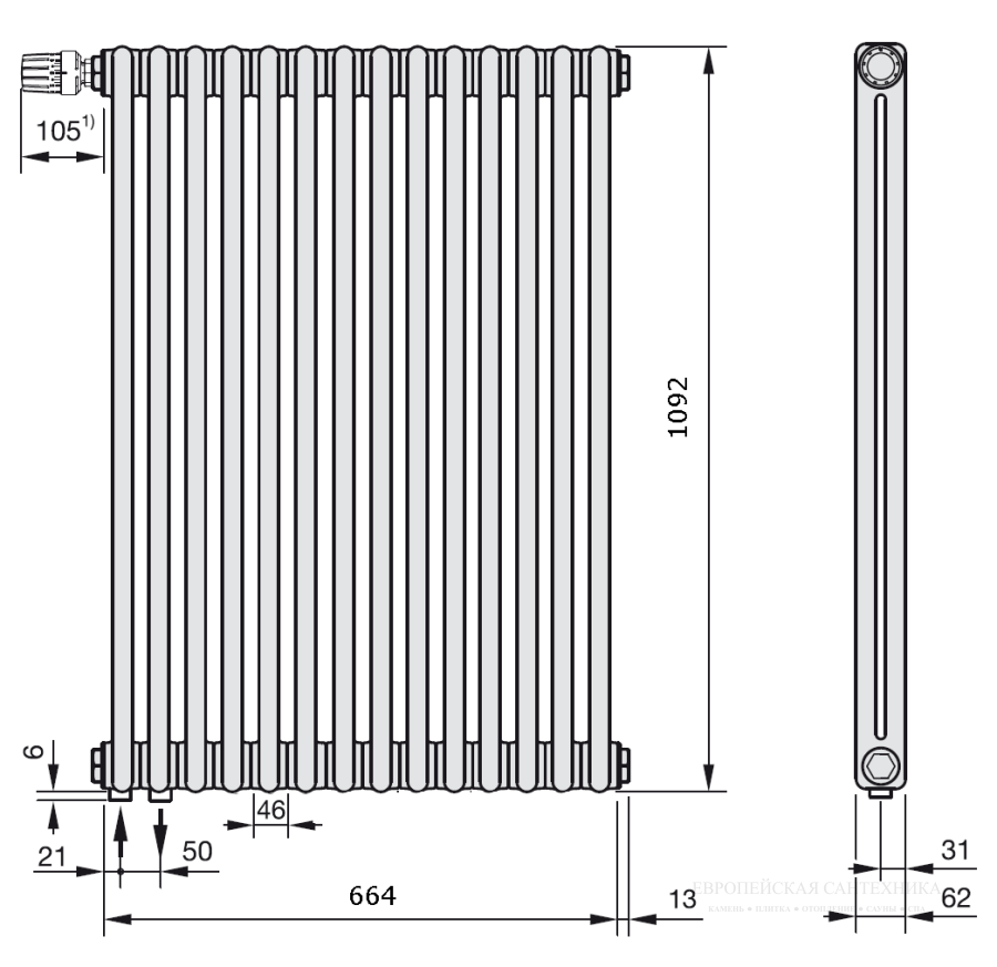 Радиатор отопления Zehnder Charleston 2-трубчатый 2110-14 секций 1092x670x62 , нижнее подключение V001, белый Ral 9016 - изображение 2