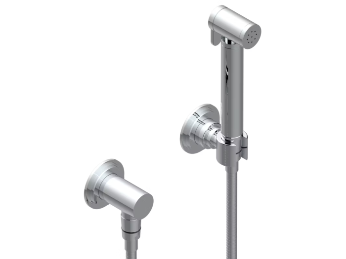 На изображении товар Гигиенический душ THG Le 9 Howlite, лейка с клапаном, армированный шланг 1250 мм, держатель для лейки, цвет хром от официального представителя в Москве